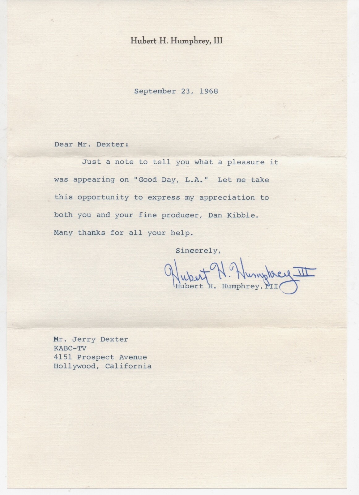 1968 Typewritten Letter Hubert Humphrey to KABC Anchor Jerry Dexter  Signed ?