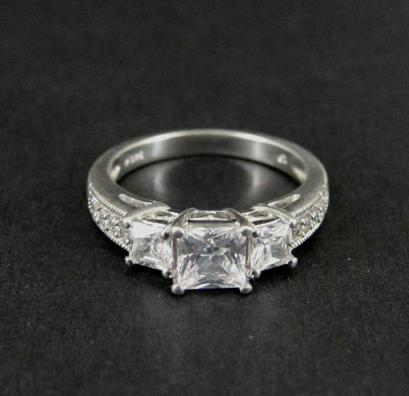 Ring Silver 3 Stone Square Cubic Zirconia Stones Sterling 925 Size 6.75 Ring
