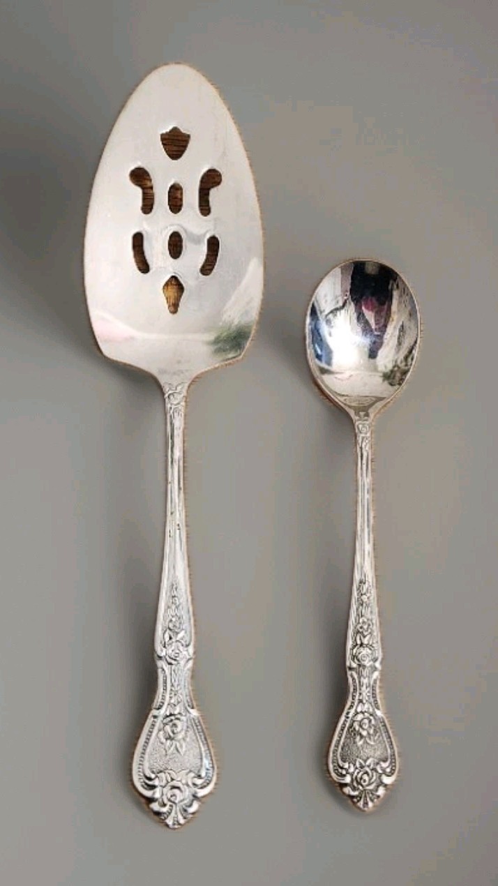 2pc Vtg Normandy Rose Floral Stainless Japan Pierced Pie Server, Sugar Spoon