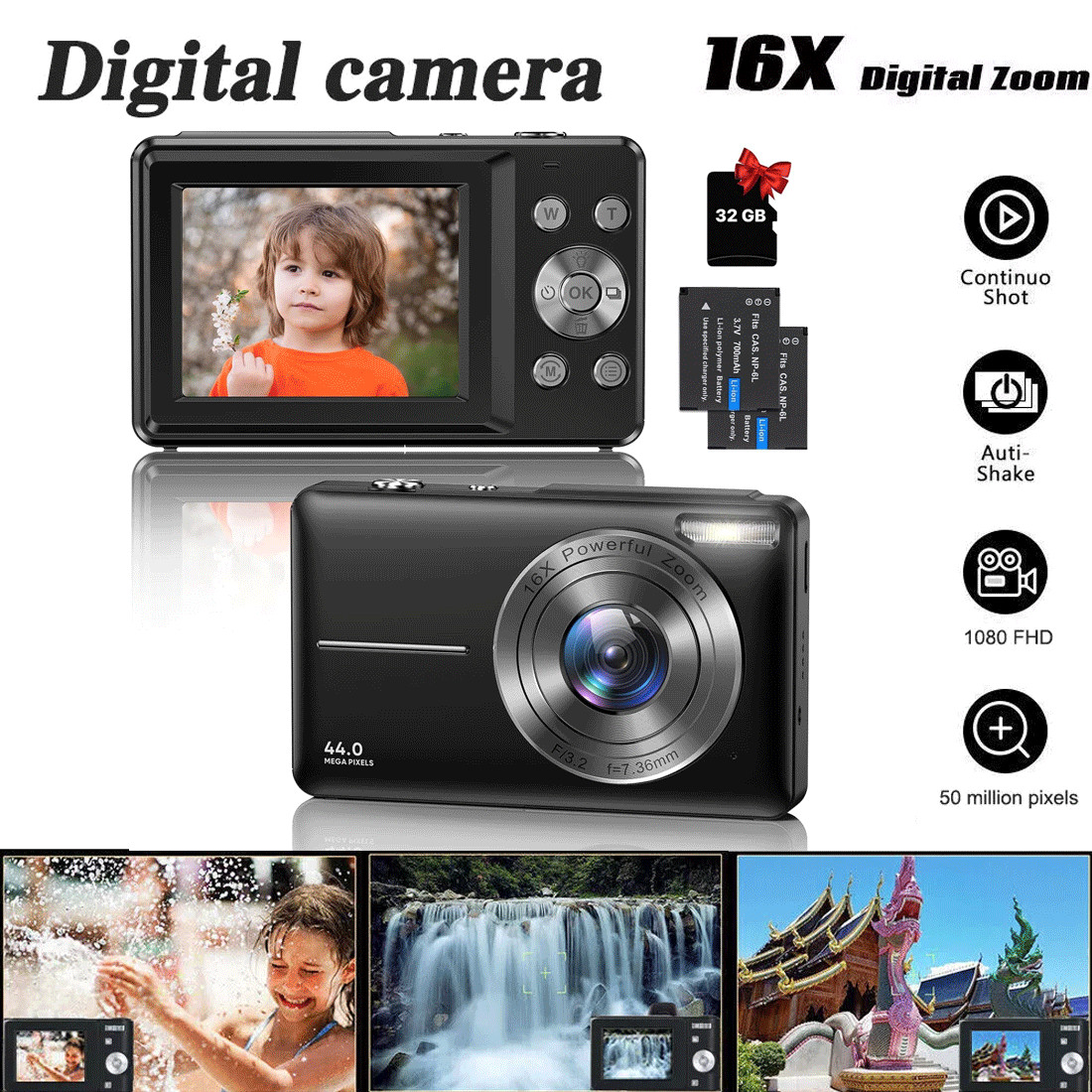 Digital Cameras 44MP 1080P Campus Mini Cameras 16X Zoom for Boys Girls Kids