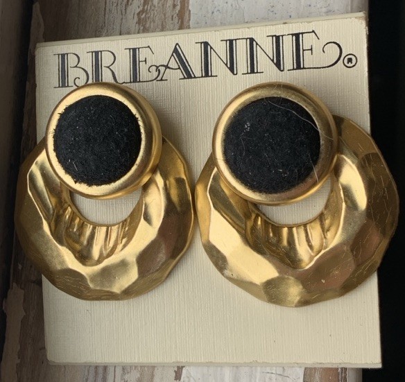 Vtg Brushed Gold Tone Black Velvet Resin Statement Earrings Byzantine Style Matt