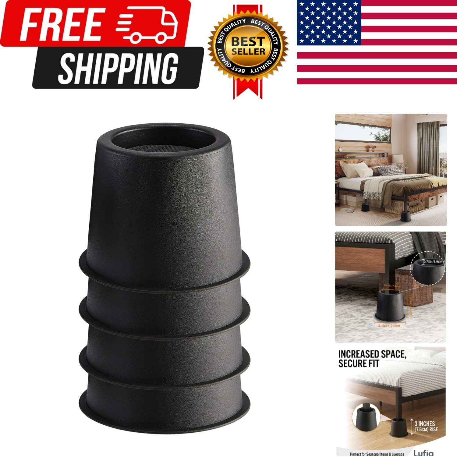 3 Inch Bed Furniture Risers, Heavy Duty Bed Risers with Non-Slip Pad Ideal fo...