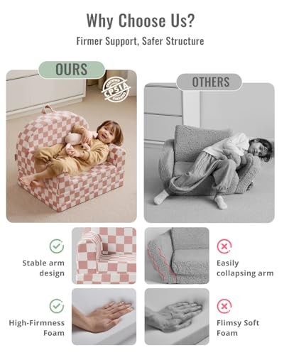 Foldable Toddler Couch, 2-in-1 Comfy Toddler Chair & Lounger Blush Checkered