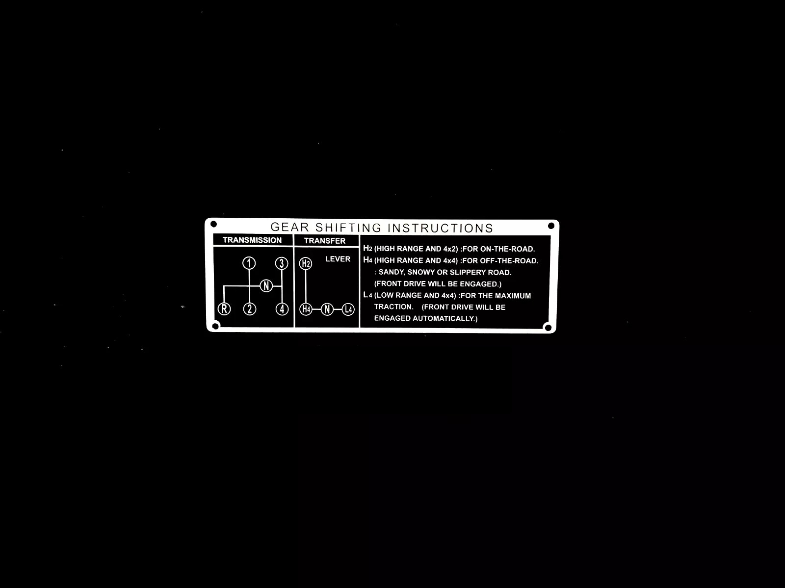 Toyota Land Cruiser FJ40 FJ45 BJ40 4-Speed Glove Box Shifting Instruction Plate