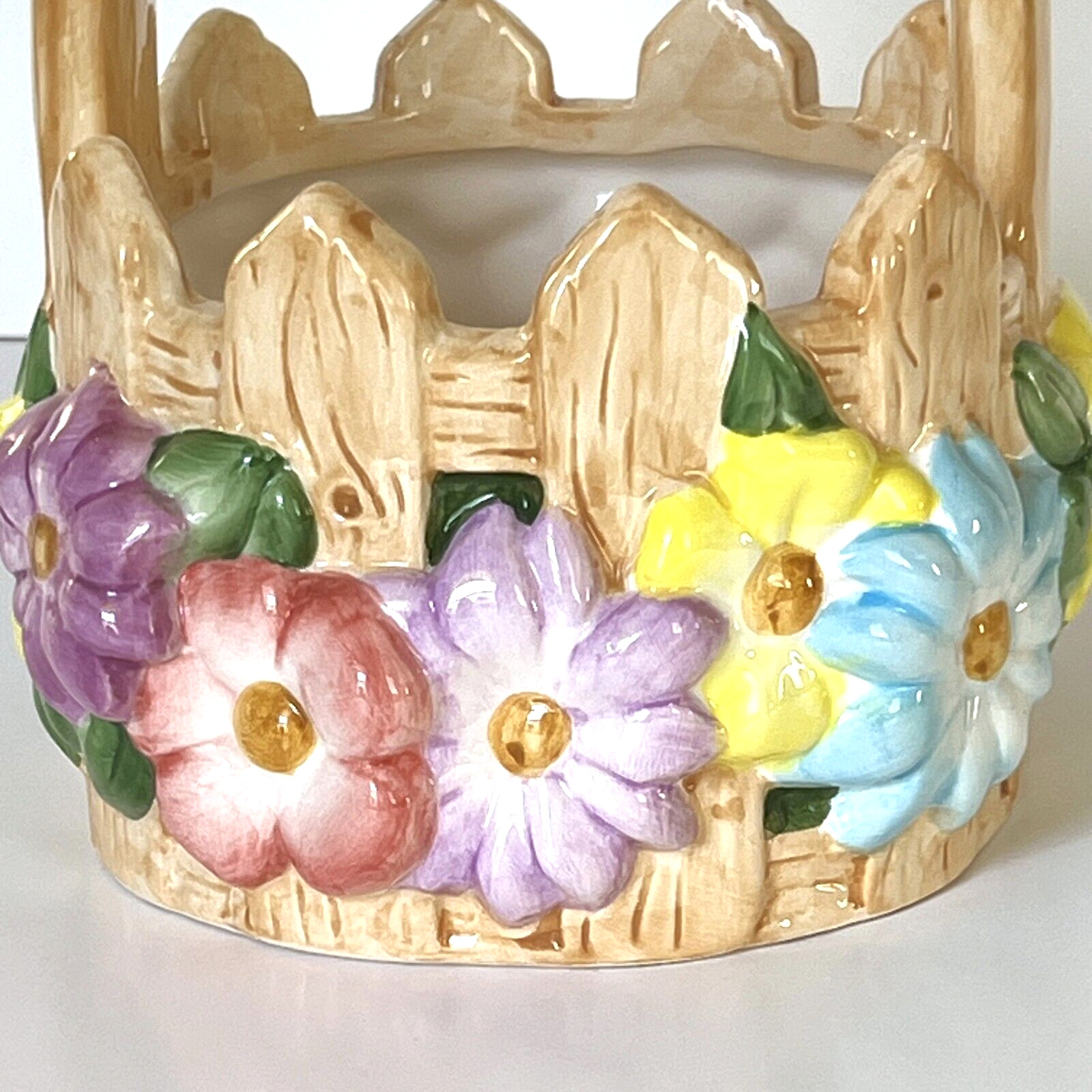 Ceramic Basket Planter Easter Spring Picket Fence Multicolor Spring Flowers