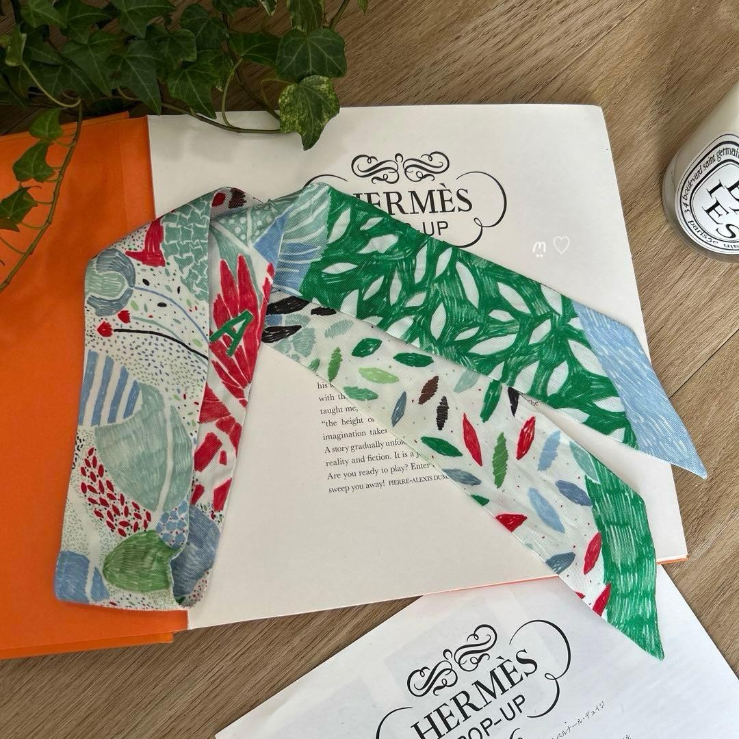 HERMES Twilly Each Nest Building Silk Ribbon Scarf Bird