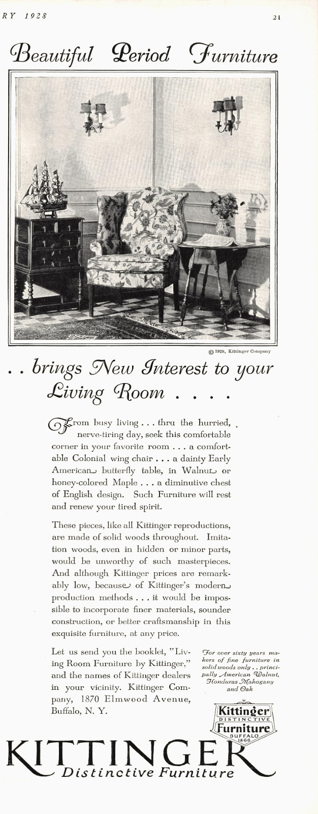 Kittinger Co Buffalo NY Colonial Revival Living Room Furniture 1927 Magazine Ad