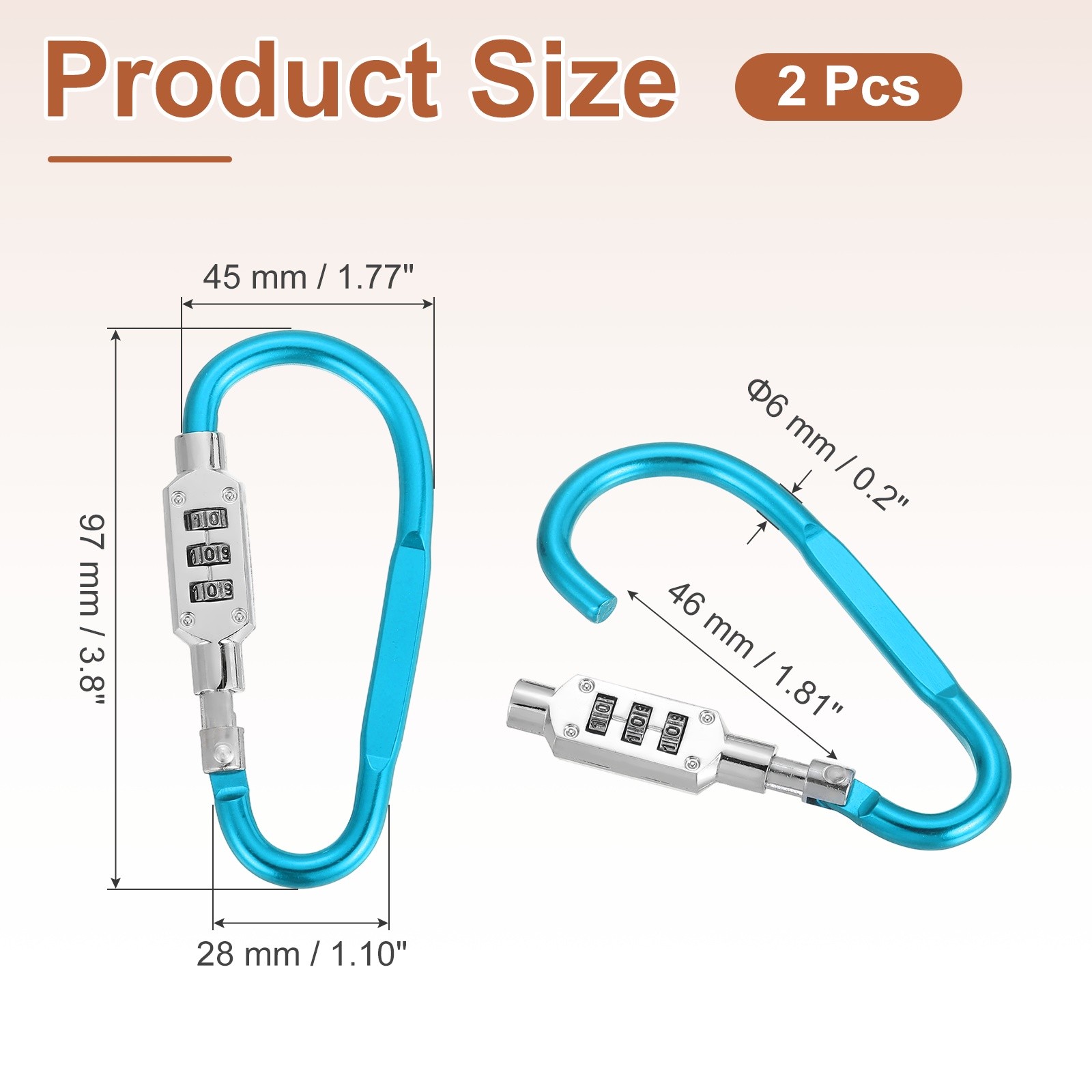 2 Pcs 3.8" x 1.8" D-Shaped 3-Digit Code Combination Lock D-Ring Clip, Light Blue