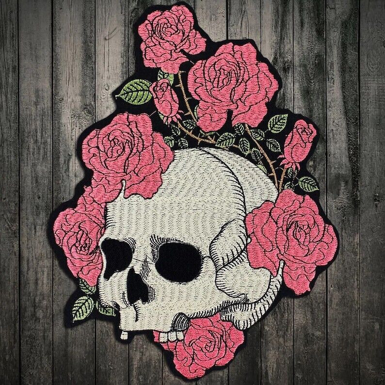 Skull with flowers patch for bikers, motoclub jacket, Large patch, Back patch