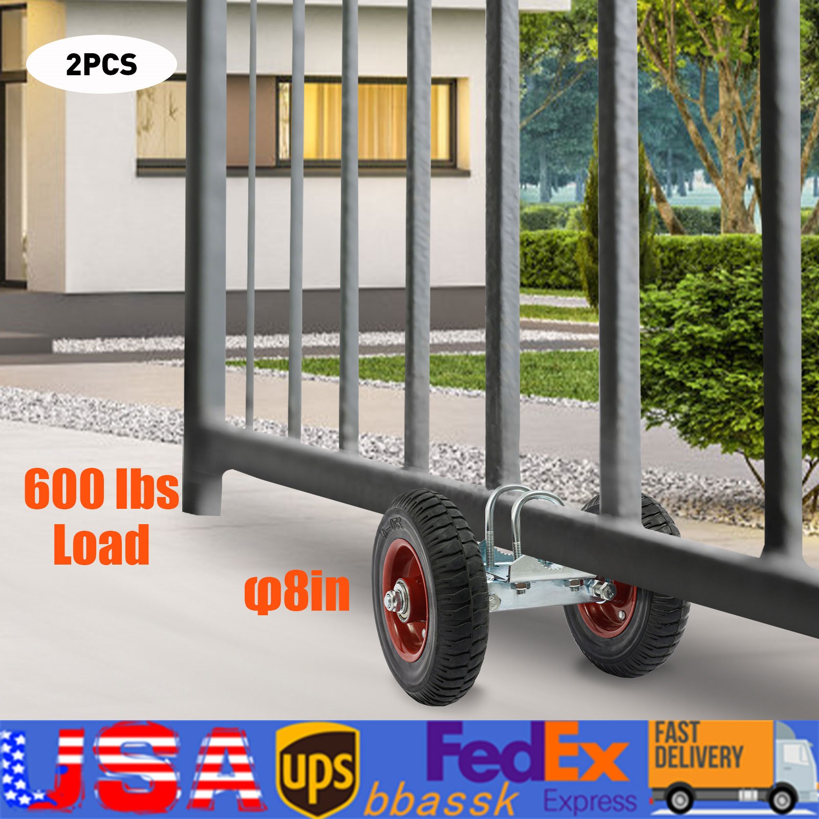 2pcs 8'' Heavy-Duty Rubber Wheel Double-U Bolts Gate Roller 600 lbs max. Load