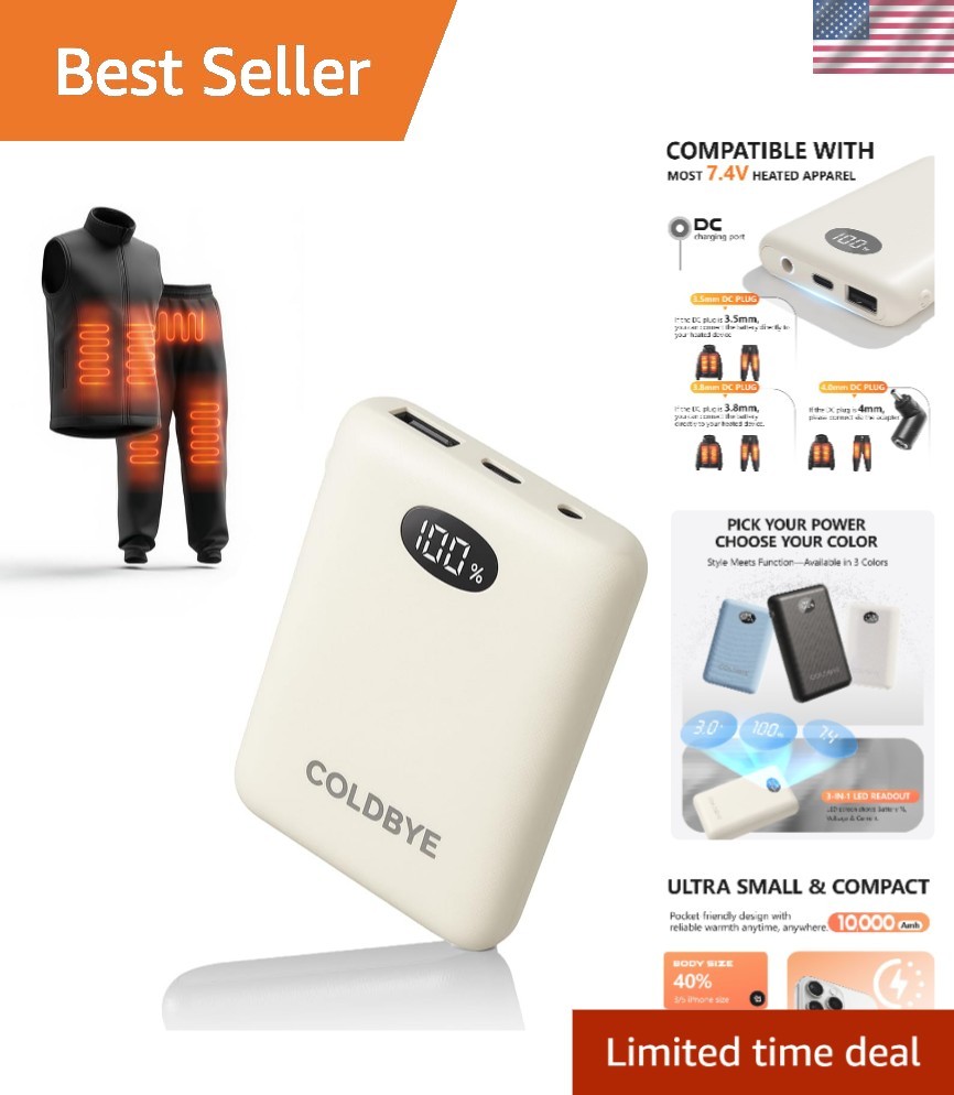Ultra-Small 10000mAh Battery Pack for Heated Vests & Jackets - Lightweight Power