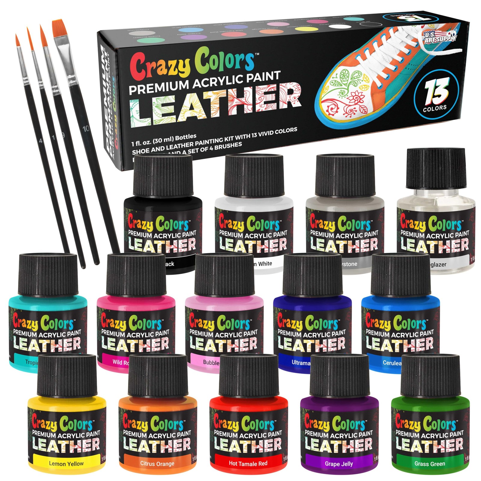Crazy Colors Premium Acrylic Shoe & Leather 1 Fl Oz (Pack of 13), Assorted
