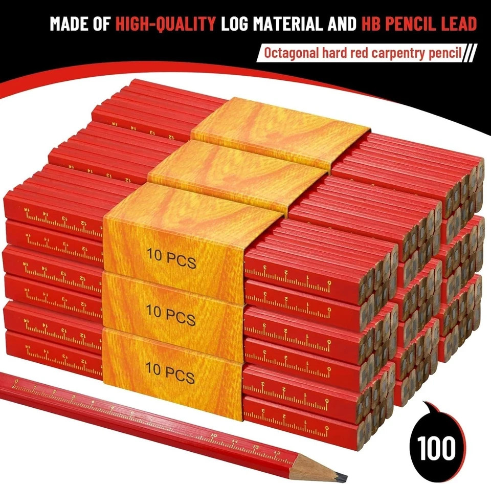 100 Pack Octagonal Black Carpenter Pencils for Woodworking Construction Marking