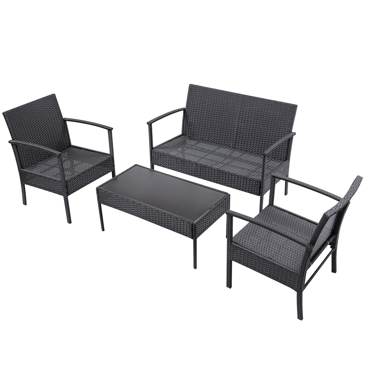 Topbuy 4 PCS Rattan Wicker Furniture Set Loveseat Sofa Cushioned Patio Black