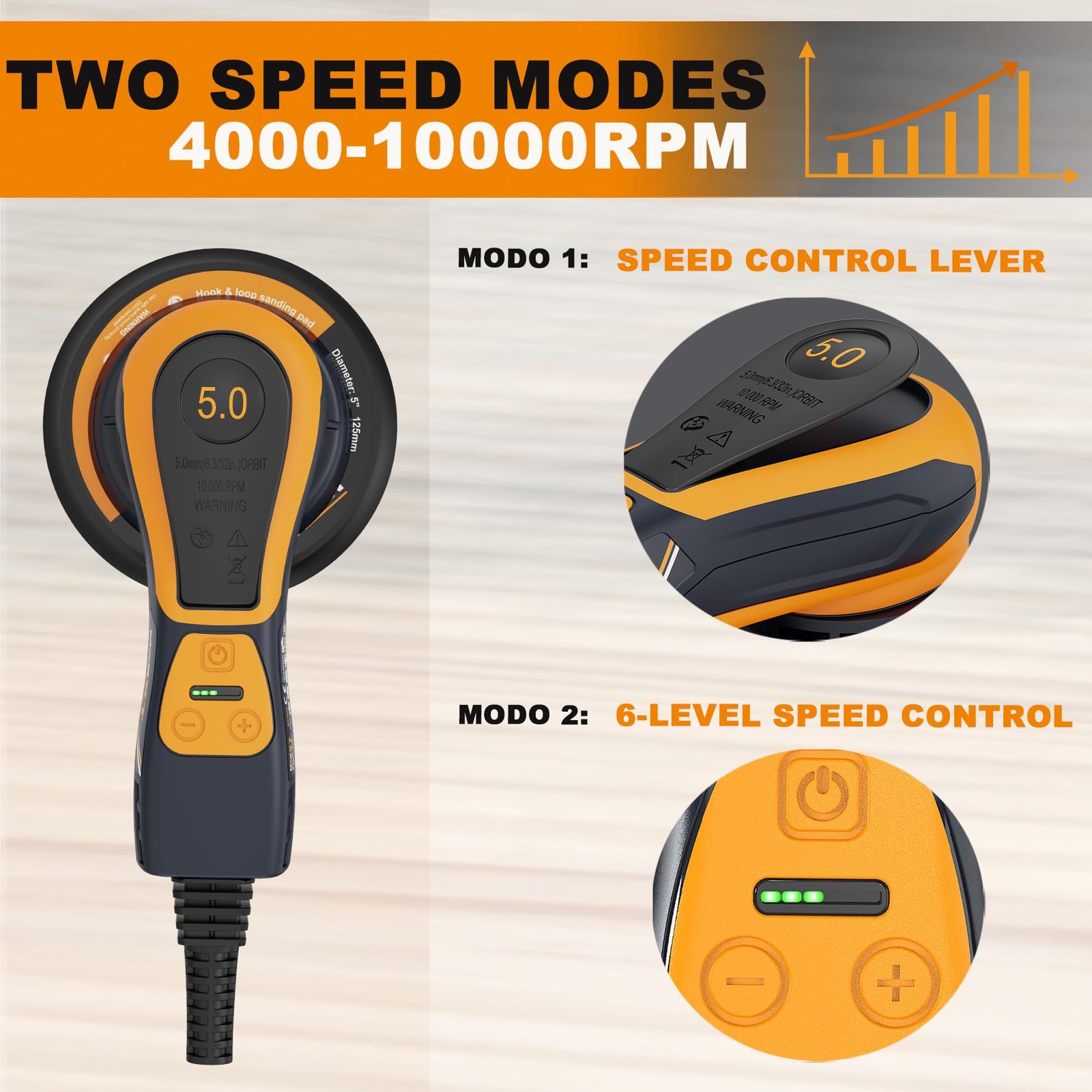 5mm Random Orbit Sander 350W, Brushless Motor, Variable Speed Electric Orbit ...