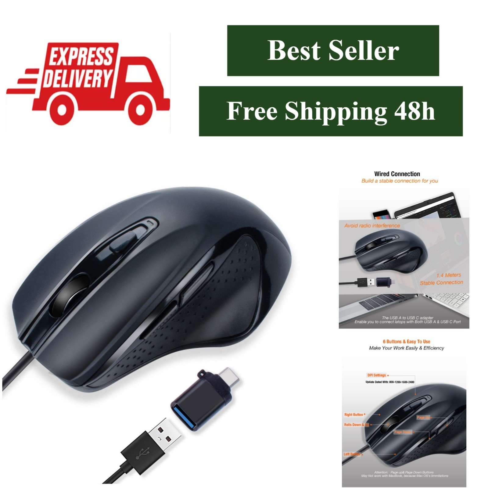 IM INNOMAX USB-C Wired Ergonomic Gaming Mouse, 6 Buttons, 4 Level DPI