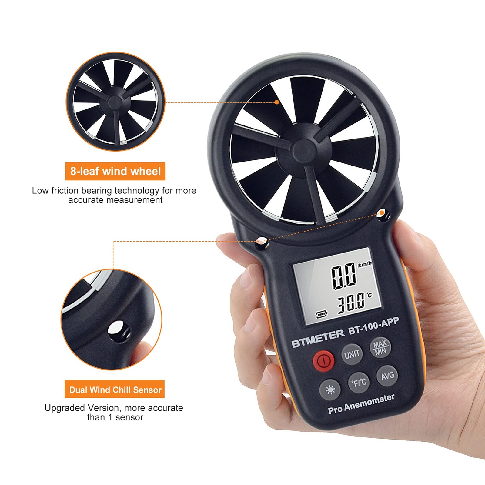 Bt100app Anemometer W/wireless Bluetooth Digital Handheld Wind Speed Meter For W