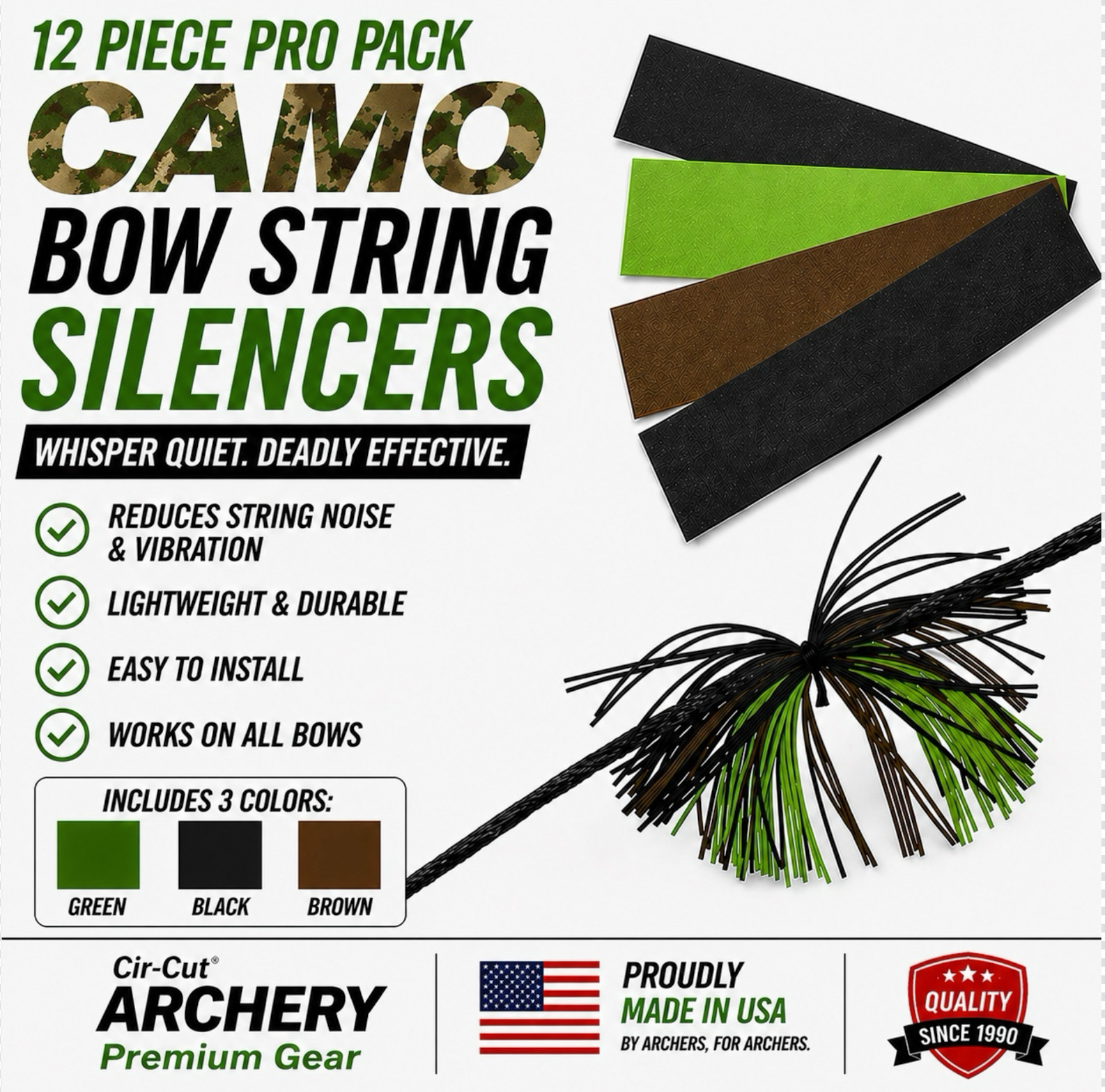 12 PC PRO PACK CAMO Bow String RUBBER CAT WHISKER Silencer Silencers Archery NEW