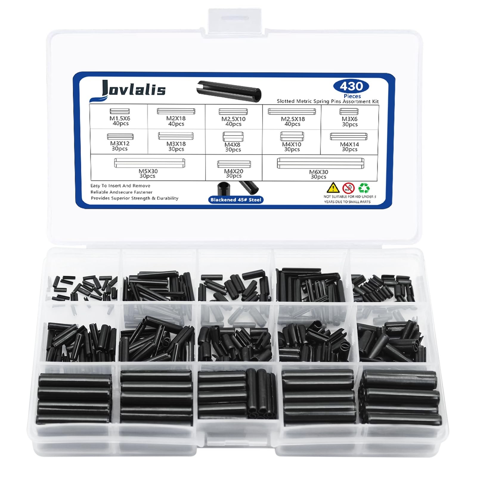 430 Pcs Roll Pin Set, Slotted Metric Spring 430pcs Pin, Black