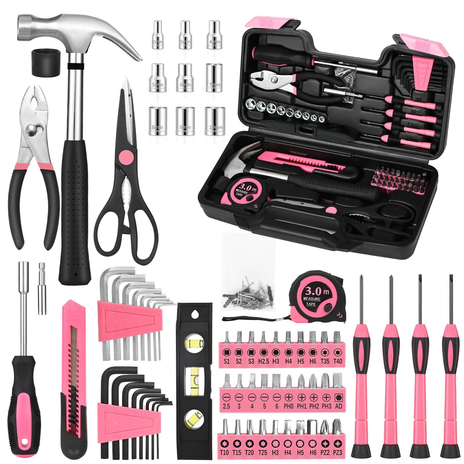 144-Piece Pink Tool Kit Basic Home Repair Tool Set General Household Hand Too...