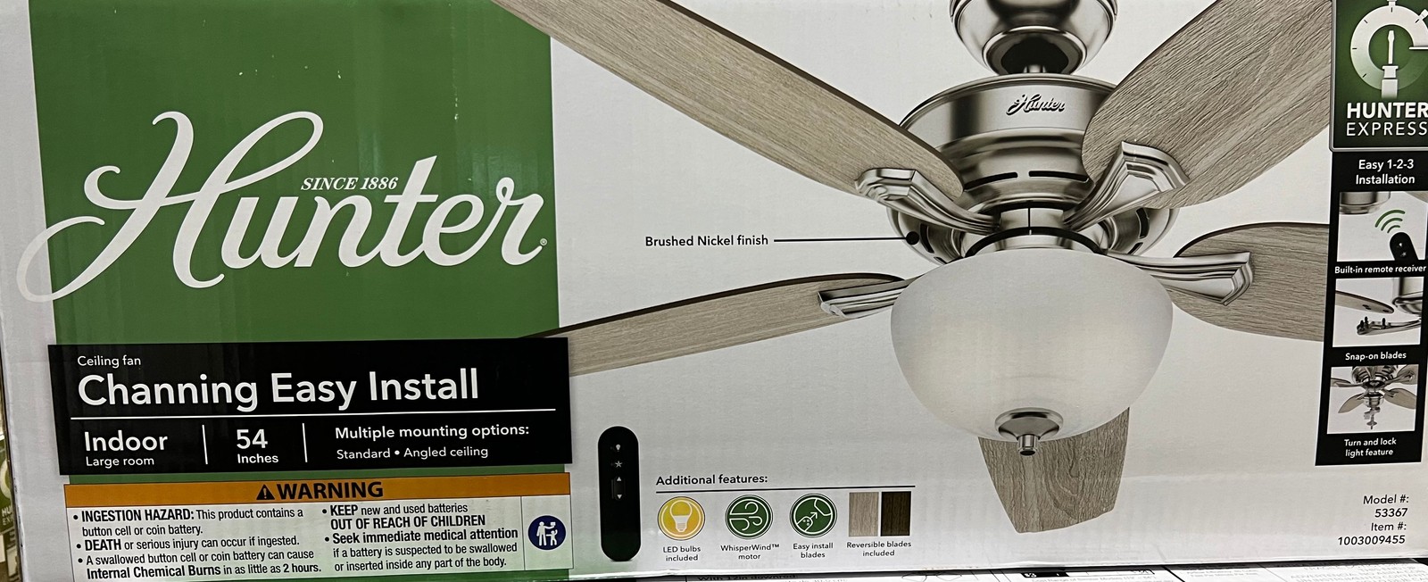 Hunter Channing 54 in. Express Indoor Brushed Nickel Ceiling Fan Remote +Light