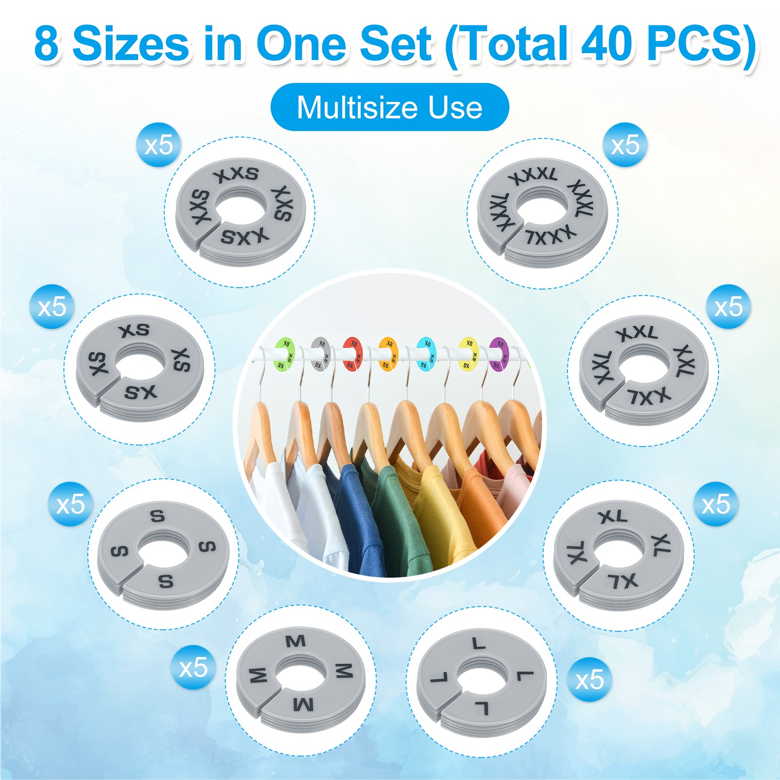40 Pack Round Clothes Dividers for Hanging Clothes 8 Sizes Grey