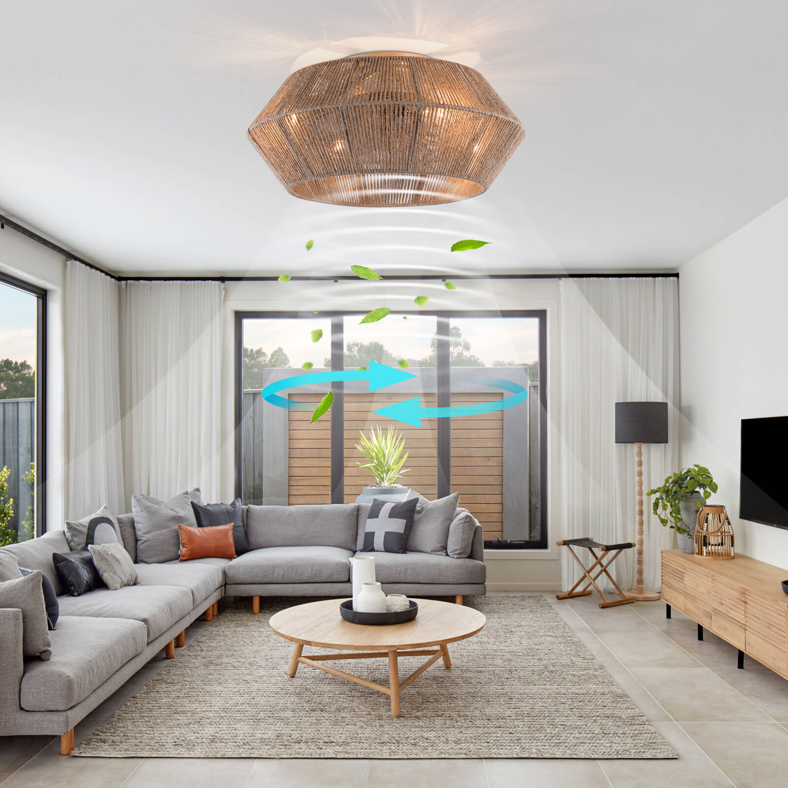 Boho Ceiling Fan Rattan Caged Flush Mount Fan Light +Remote Control Ceiling Fan