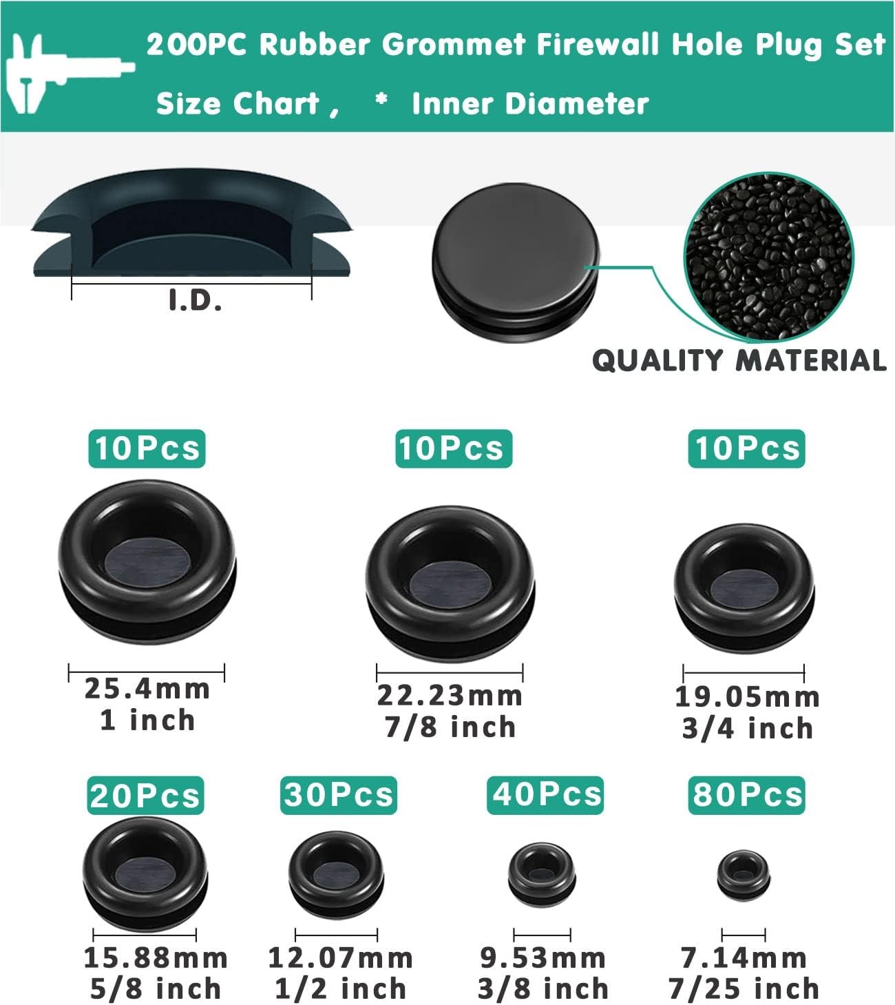 200pc Rubber Grommet Kit 7 Sizes Firewall Rubber Hole Plugs Rubber Grommets for