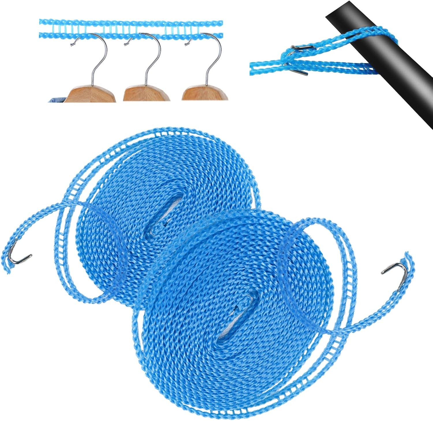 2 Pack Windproof Clothes Line with Hooks 16.4 Feet Blue Nylon Clothesline