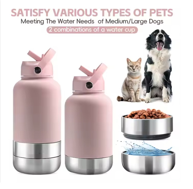 Travel Water Bottle with 2 Pet Detachable Bowls (Pink model)