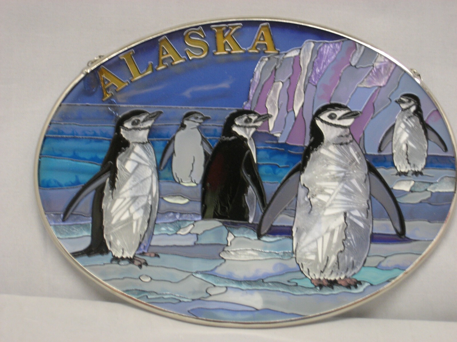Amia Alaska Penguins Hand-Painted Glass Suncatcher 5-1/4" X 7" 7412