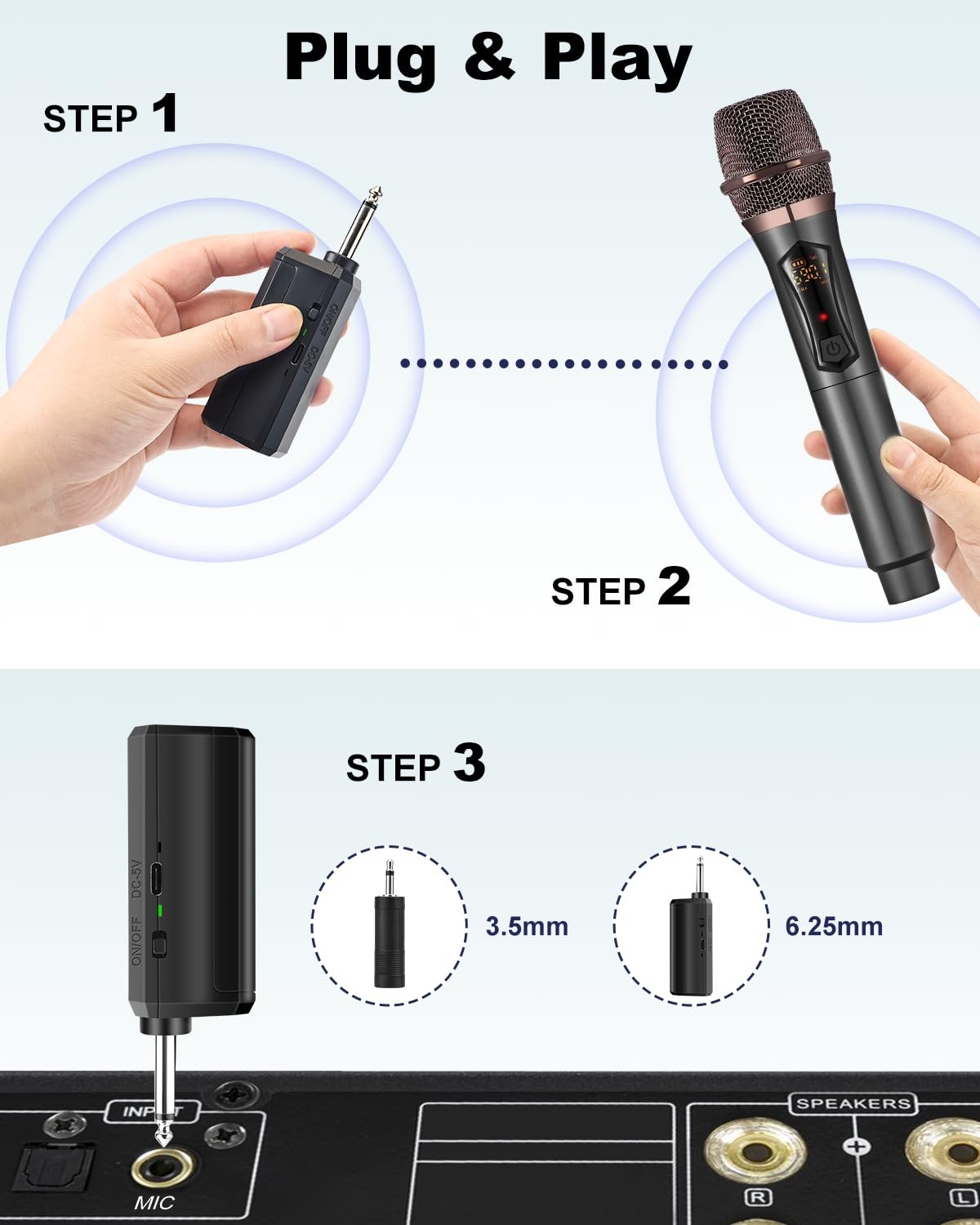 Wireless Microphone System Rechargeable 50H Battery 200ft Range Karaoke