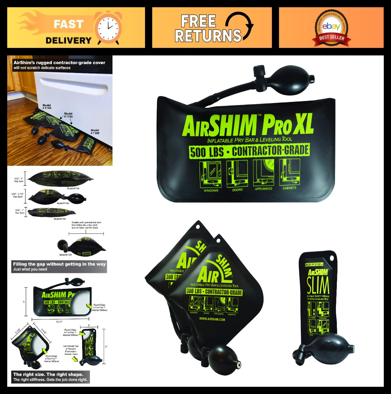 4-Pc Inflatable Pry Bar & Leveling Tool Set - AirShim Wedges for Contractors