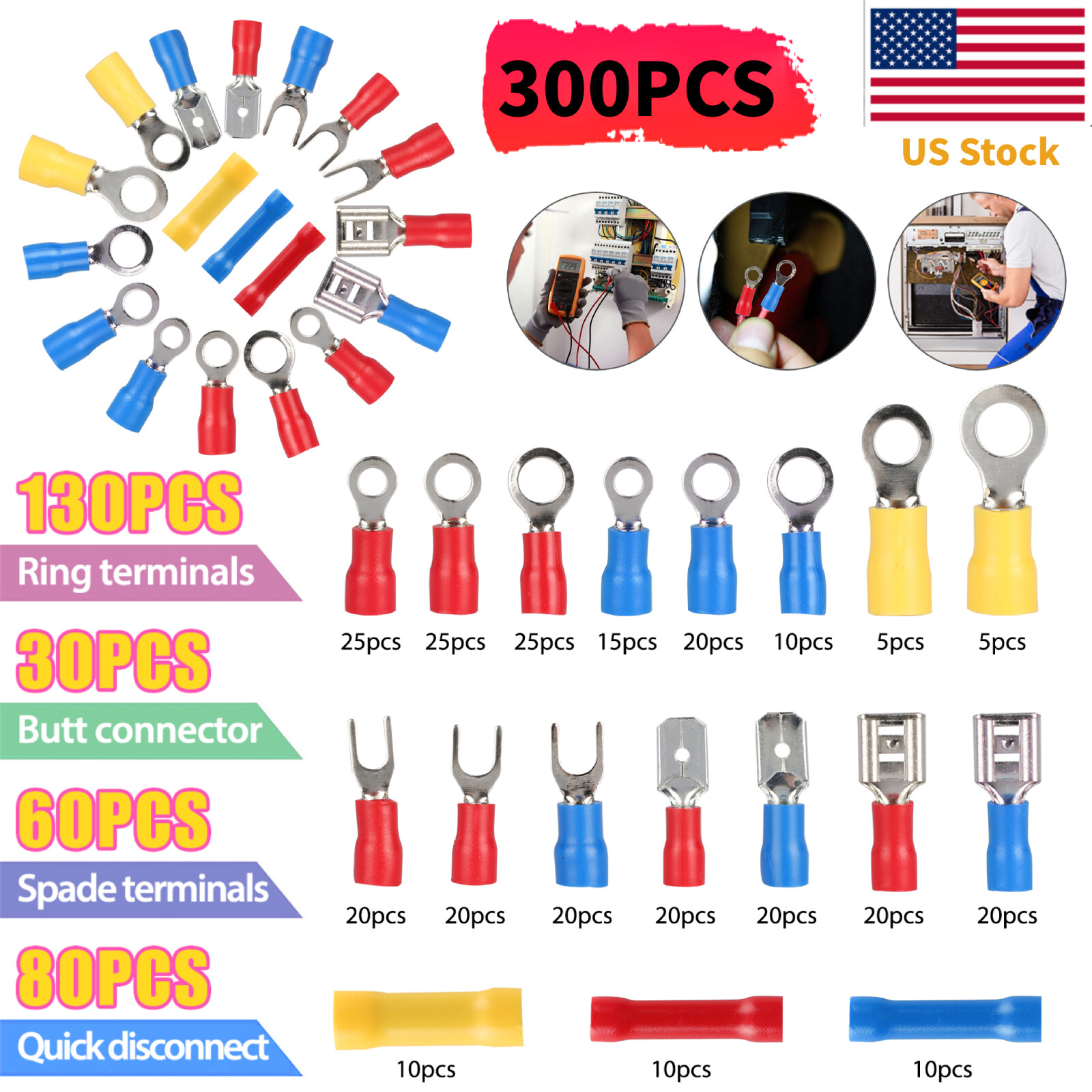 300PCS Insulated Electrical Wire Splice Terminal Spade Crimp Ring Connectors Kit