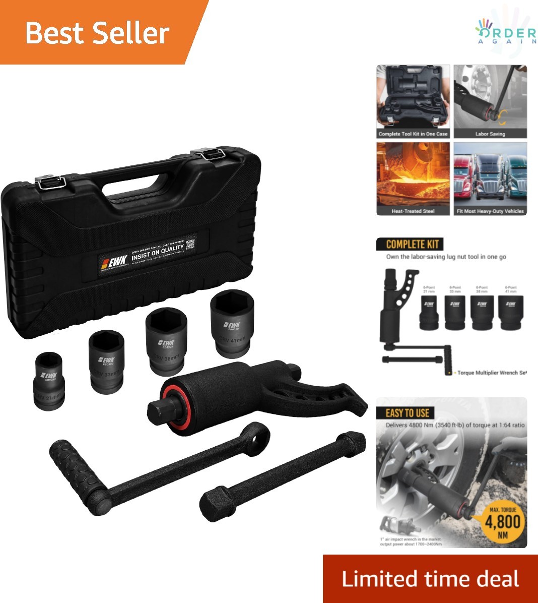 7-Piece Drive Torque Multiplier Wrench Set Heavy-Duty Lug Nut Remover for Trucks