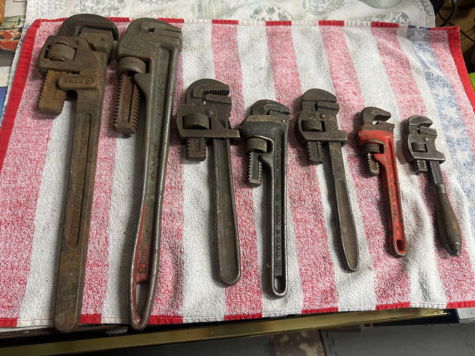 Lot of 7 Vintage adjustable Pipe Monkey Wrenches Bonney Ridget 15" 10" 9"