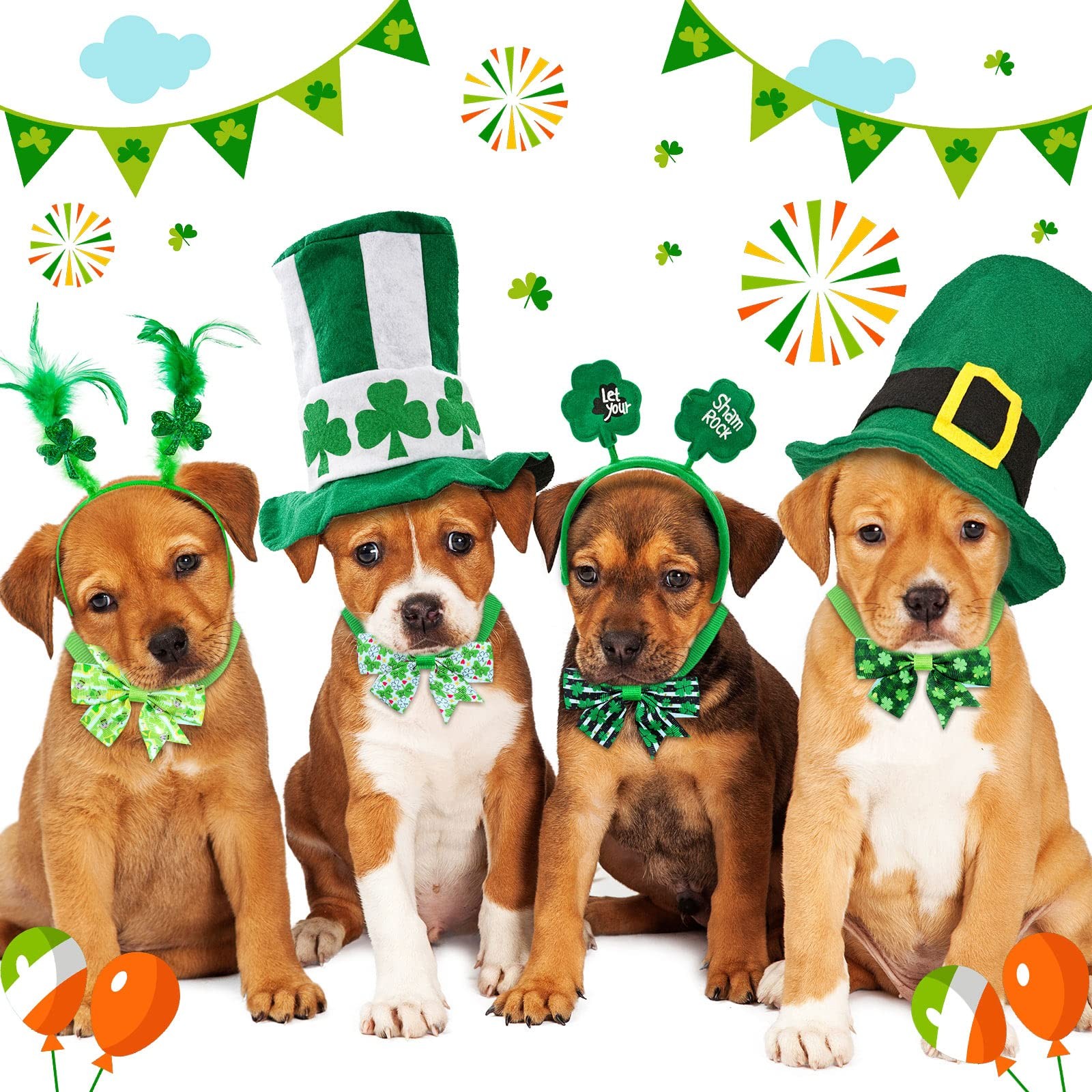 40 Pcs St. Patrick's Day Dog Bows Ties Bulk, Adjustable Irish Shamrocks Basics C