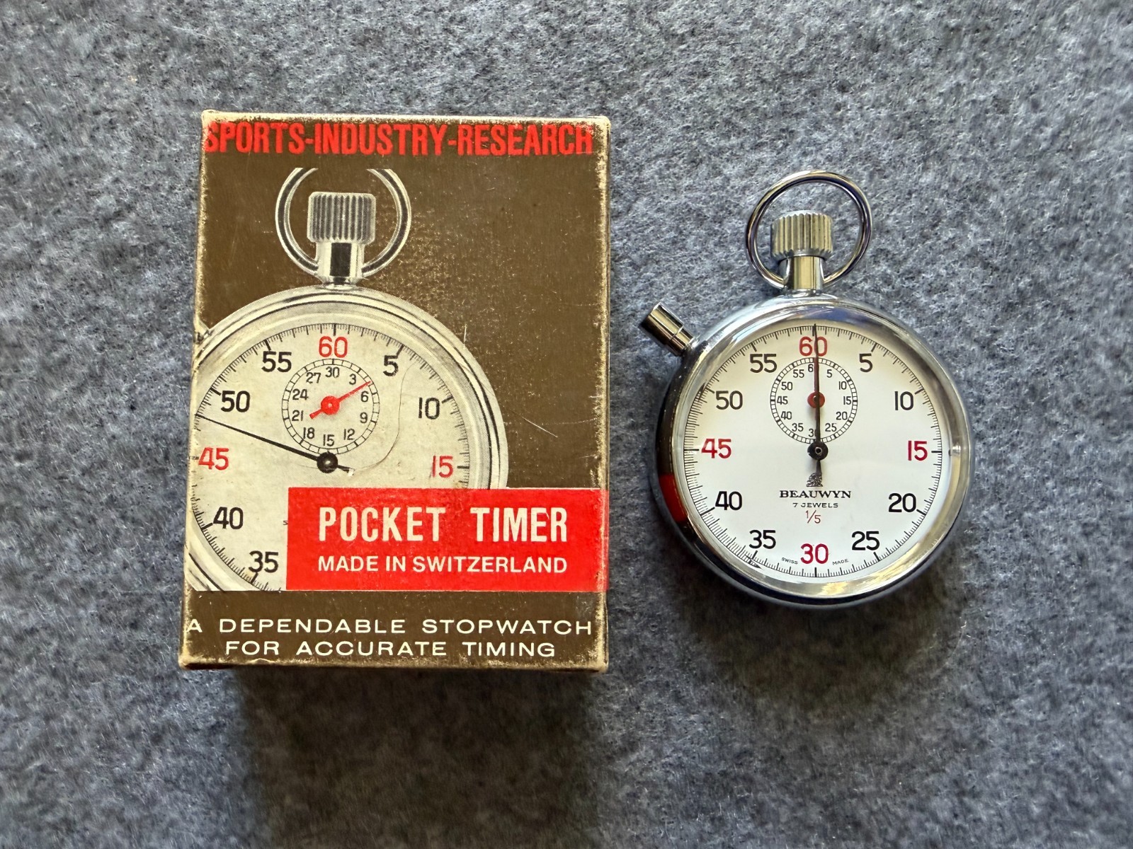 Swiss Made Beauwyn 7 Jewels 1/5 Mechanical Wind Up Stop Watch with the Box