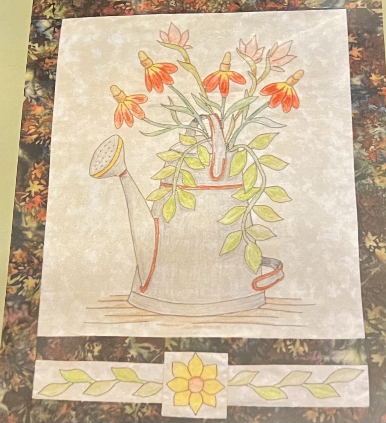 WATERING CAN Quilt Pattern 16"x20" Wall Hanging Coloring or Embroidery Frame