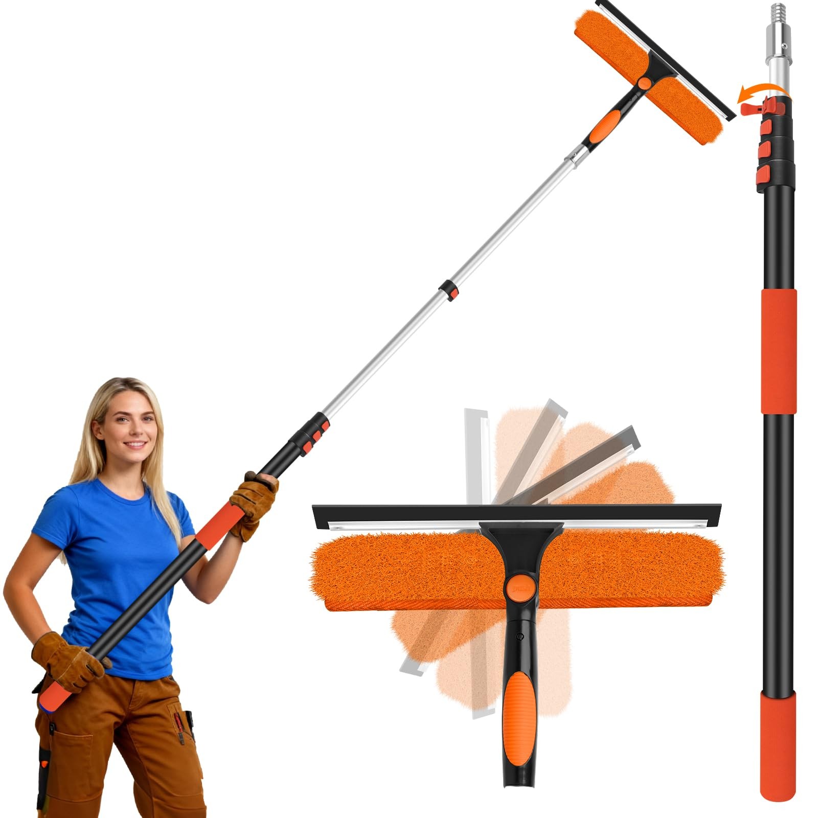14" Extra-Wide Window Squeegee with 5-20FT Extension Pole 14"-20FT, Orange