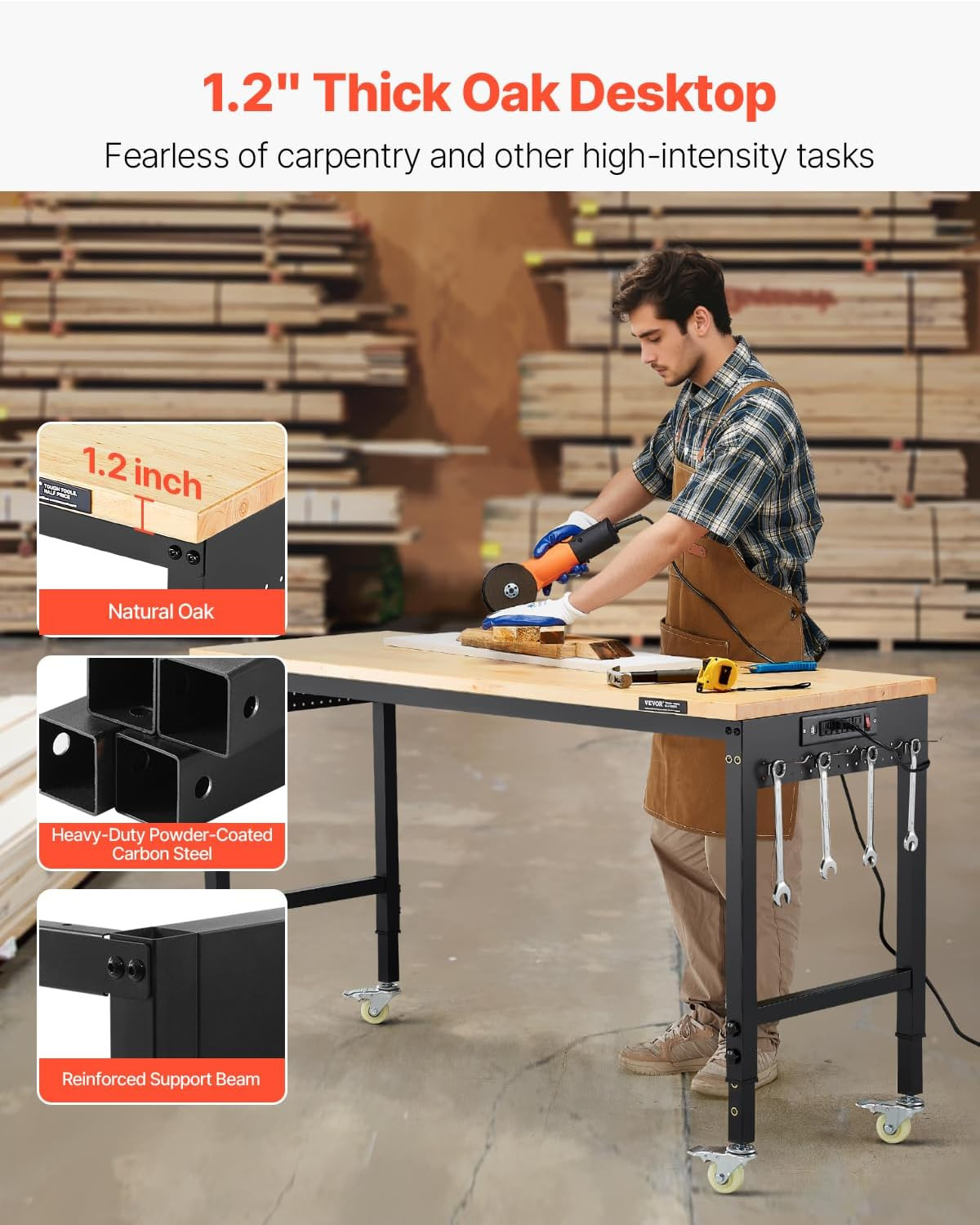 Adjustable Workbench, 60 Inch Work Bench with Power Outlet, Wheels, and Pegboard
