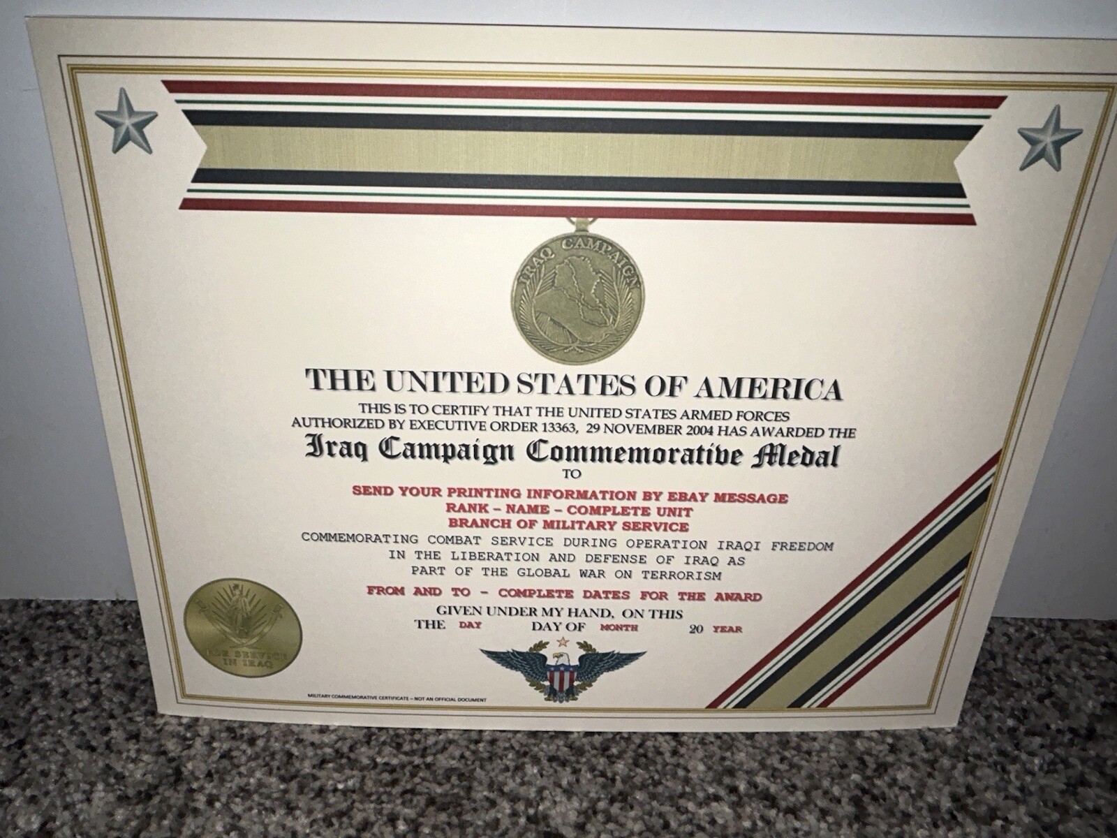 IRAQ CAMPAIGN MEDAL (OIF) COMMEMORATIVE CERTIFICATE ~ W/PRINTING TYPE-1