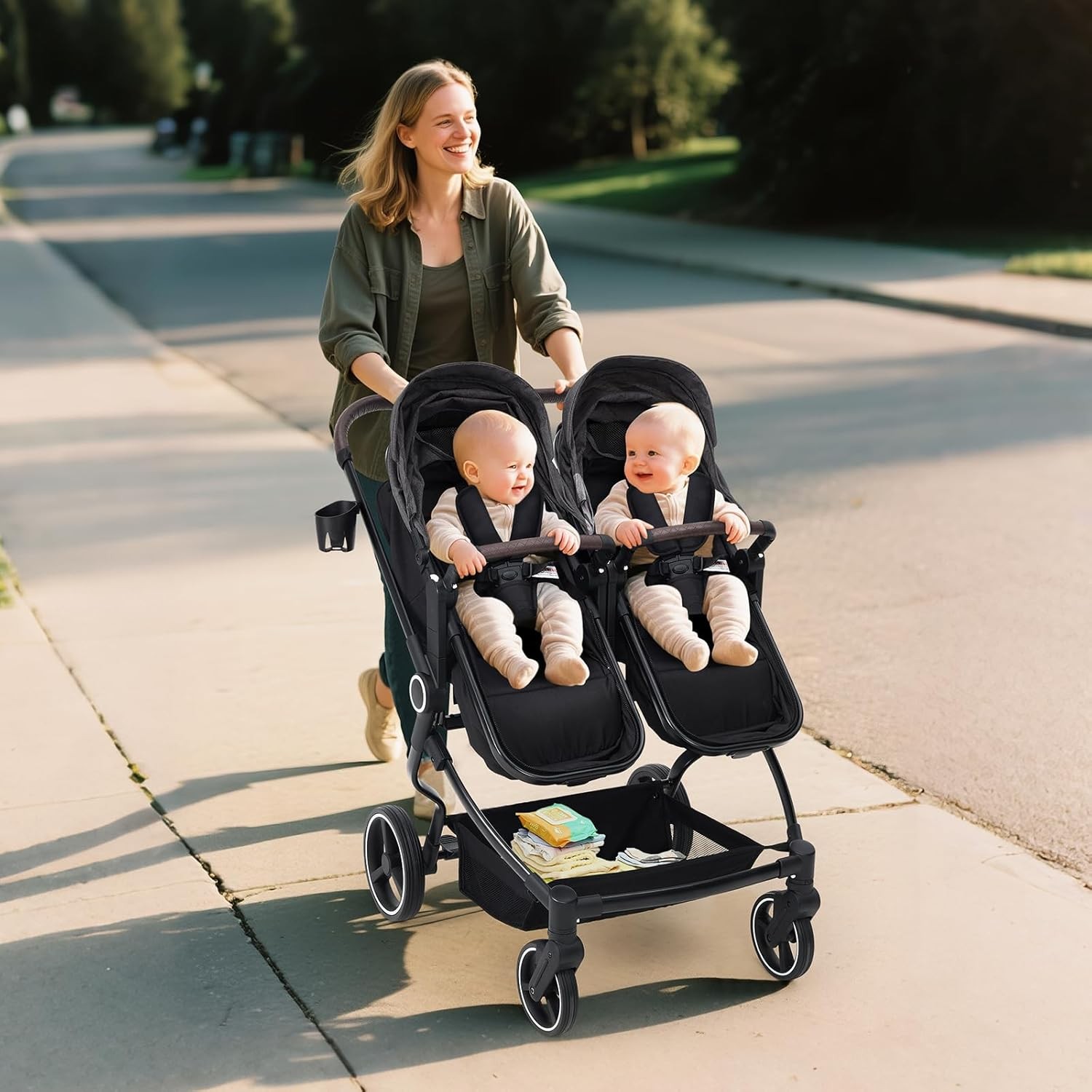 Aluminum Frame Twin Stroller, 5-Point Harness, Adjustable Backrest & All-Weather