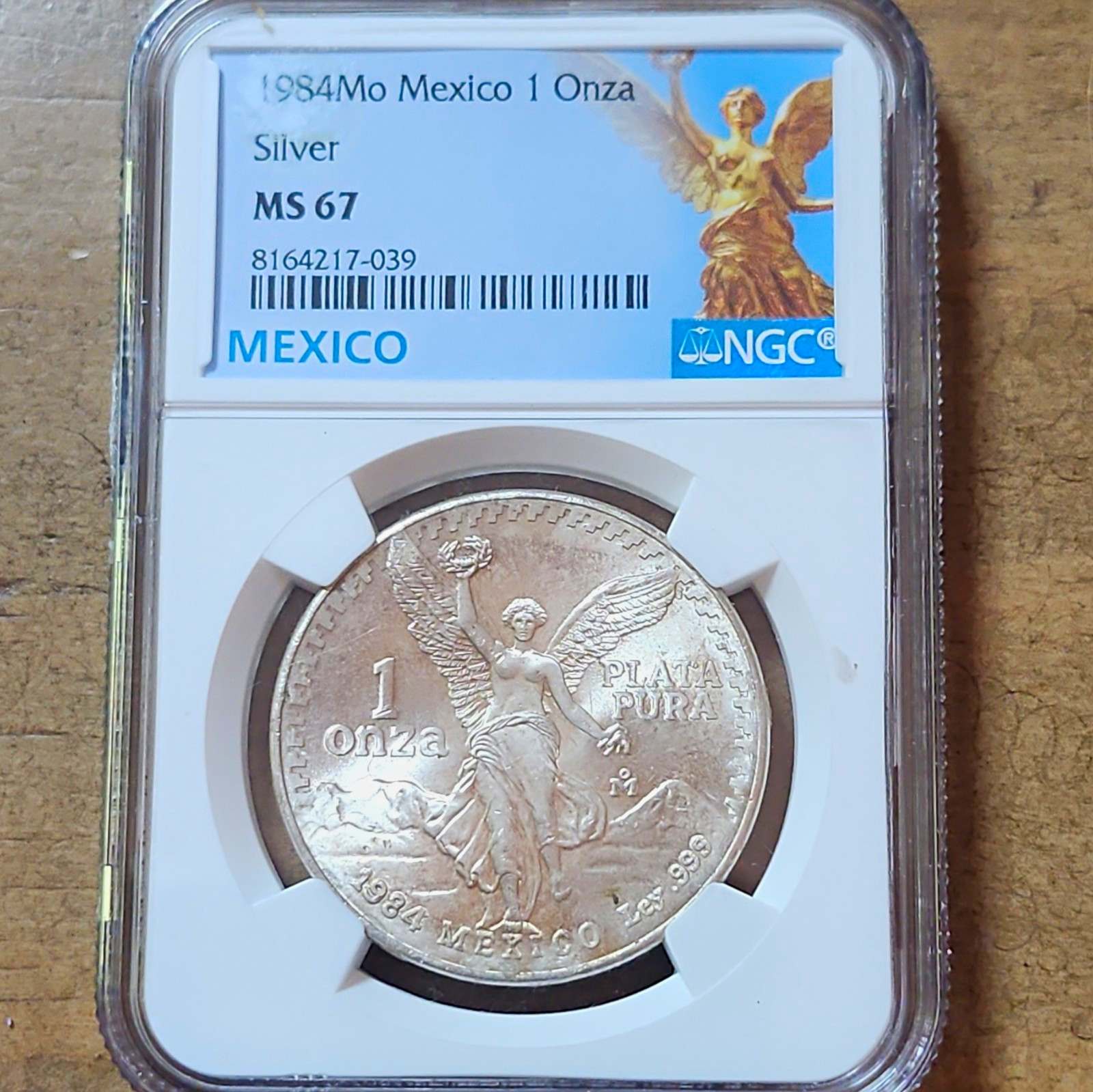 1984 Mo Mexico 1 Onza Plata Pura Libertad .999 Silver Coin  NGC MS67 With Toning