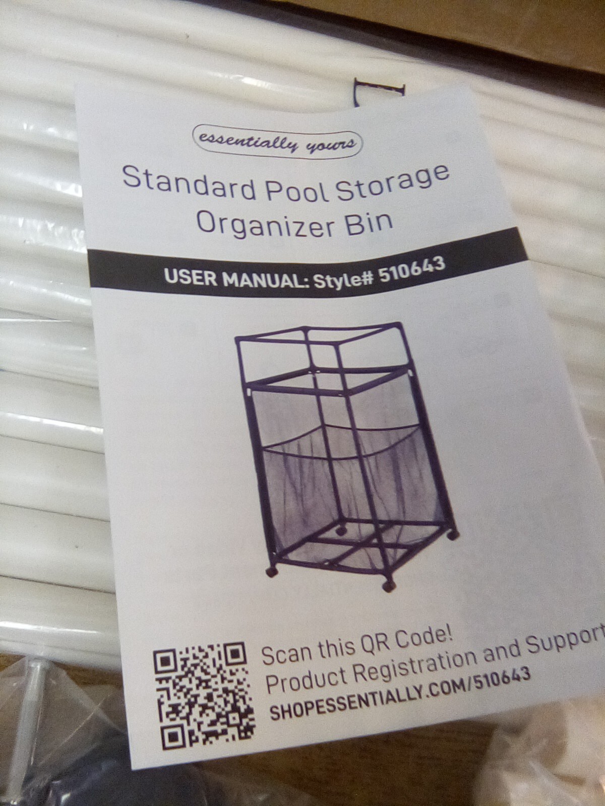 Essentially Yours Standard Pool Storage Organizer Bin Blue/ White Poles