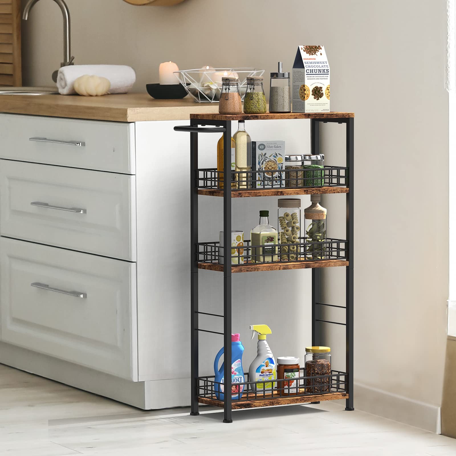 4 Tier Rolling Kitchen Storage Cart w/Wheels Wood Tabletop Handle Brown
