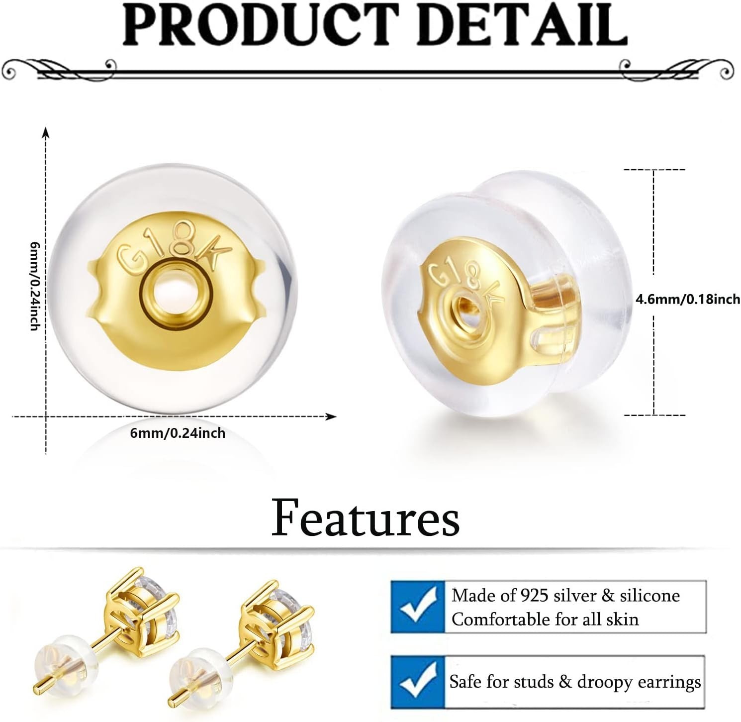 18K Gold Locking Secure Earring Backs for Studs, Silicone Earring Backs Replacem