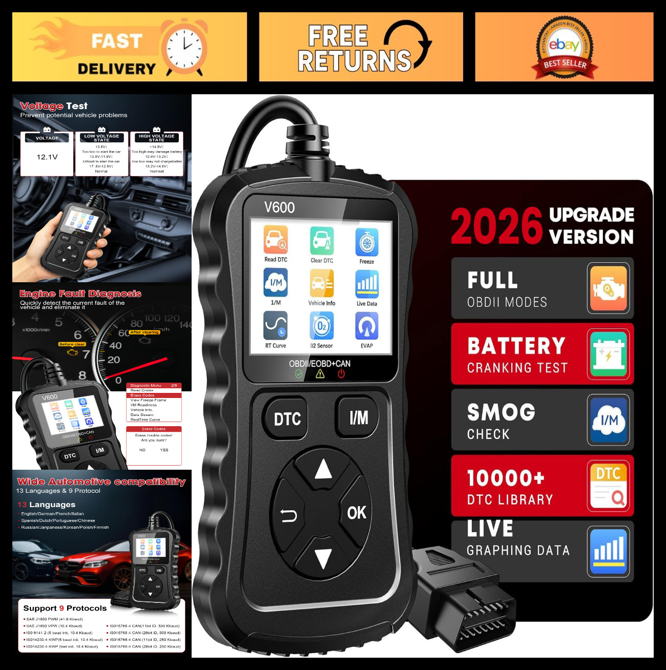 OBD2 Scanner Code Reader, Diagnostic Tool for Engine Error Codes, Voltage Test,
