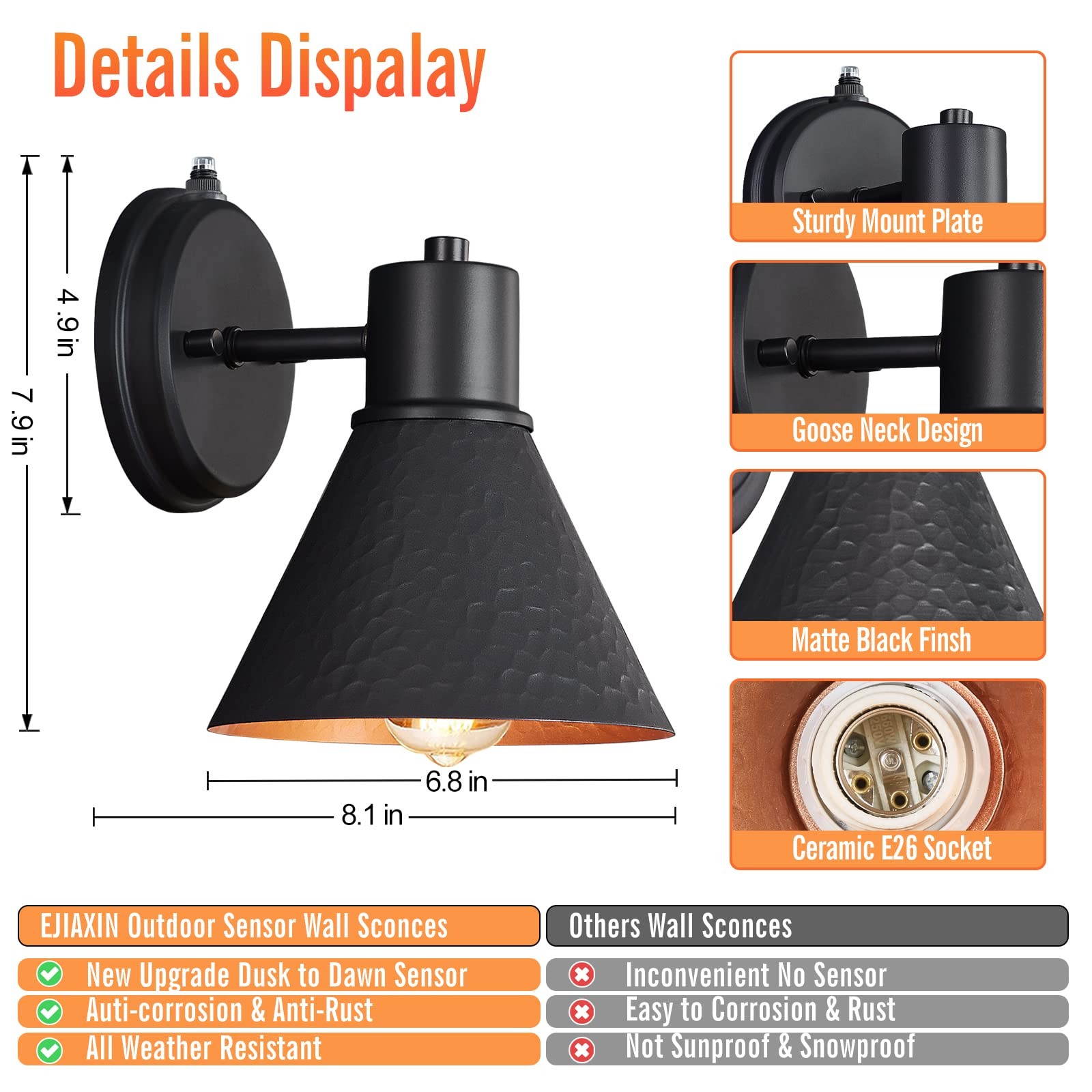 2 Pack Dusk to Dawn Outdoor Wall Sconces, Black Barn Light