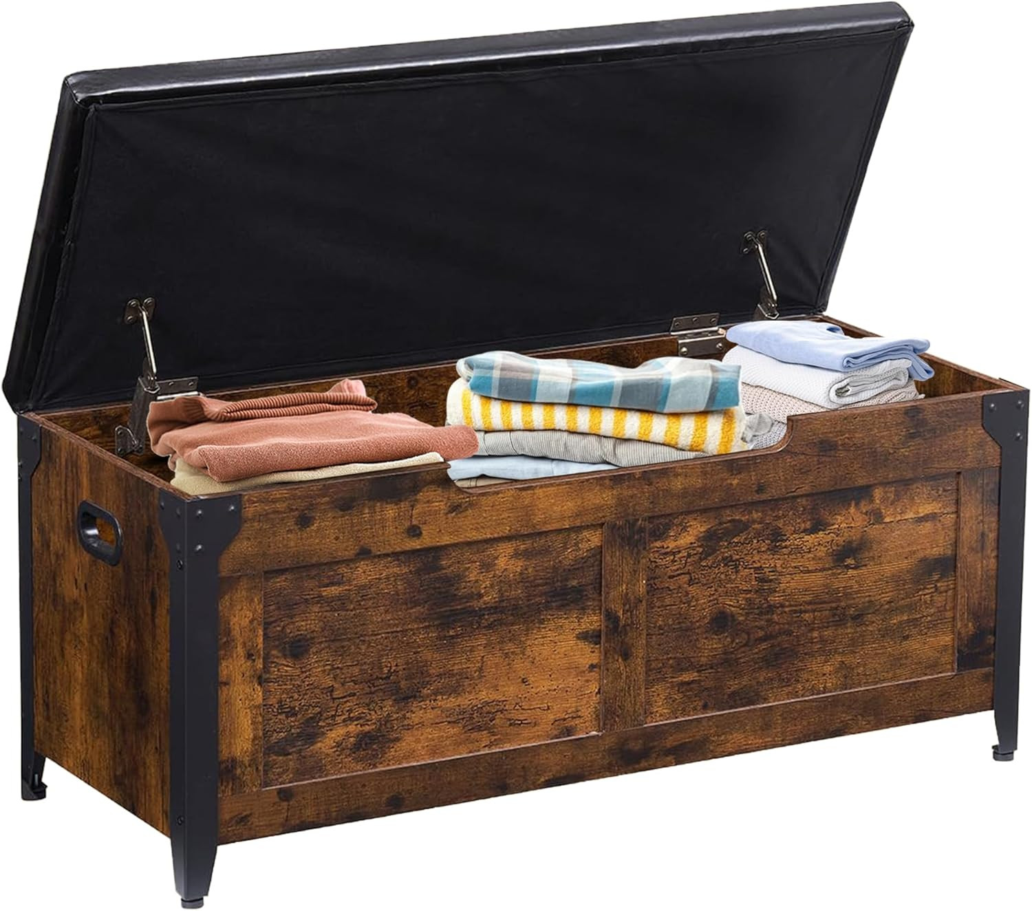 Retro Wooden Storage Bench with Safety Hinges - Rustic Brown Ottoman 300 lb